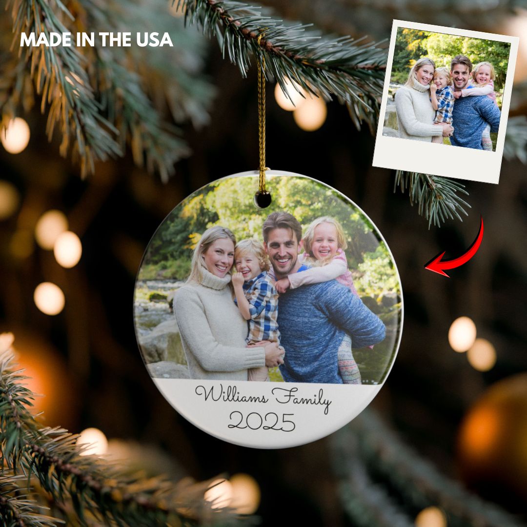 Personalized Family Photo Ornament — Custom Name & Year Ceramic Holiday Decoration 2025